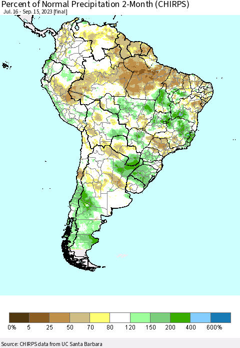 South America Percent of Normal Precipitation 2-Month (CHIRPS) Thematic Map For 7/16/2023 - 9/15/2023