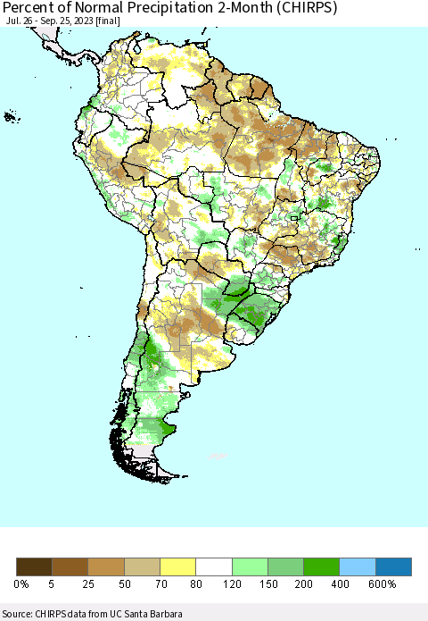 South America Percent of Normal Precipitation 2-Month (CHIRPS) Thematic Map For 7/26/2023 - 9/25/2023