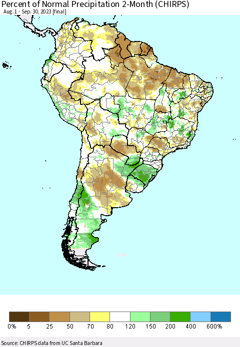 South America Percent of Normal Precipitation 2-Month (CHIRPS) Thematic Map For 8/1/2023 - 9/30/2023
