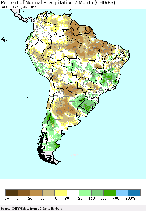 South America Percent of Normal Precipitation 2-Month (CHIRPS) Thematic Map For 8/6/2023 - 10/5/2023
