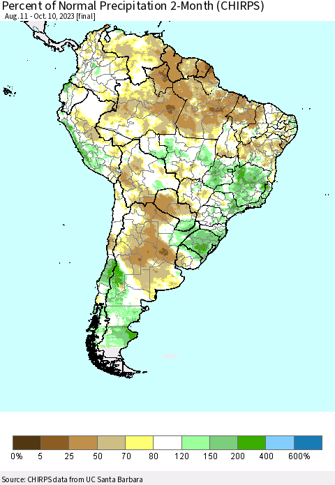 South America Percent of Normal Precipitation 2-Month (CHIRPS) Thematic Map For 8/11/2023 - 10/10/2023