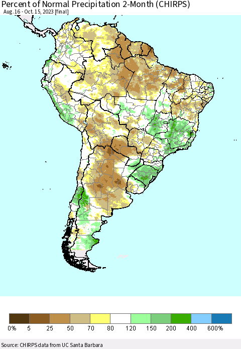 South America Percent of Normal Precipitation 2-Month (CHIRPS) Thematic Map For 8/16/2023 - 10/15/2023
