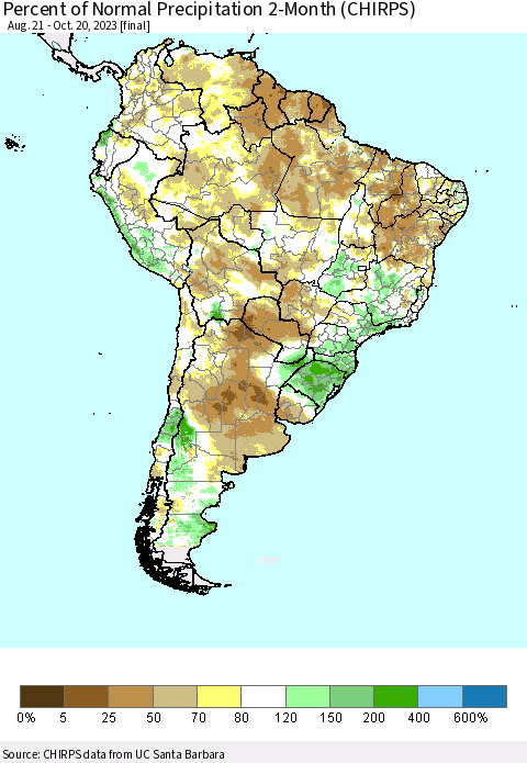 South America Percent of Normal Precipitation 2-Month (CHIRPS) Thematic Map For 8/21/2023 - 10/20/2023