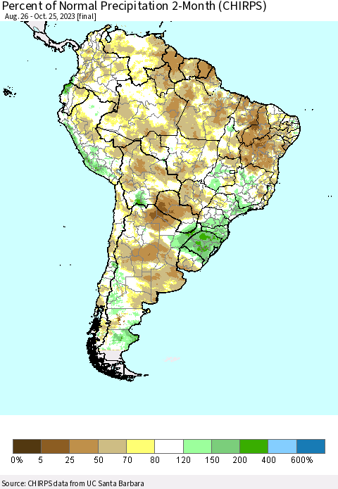 South America Percent of Normal Precipitation 2-Month (CHIRPS) Thematic Map For 8/26/2023 - 10/25/2023