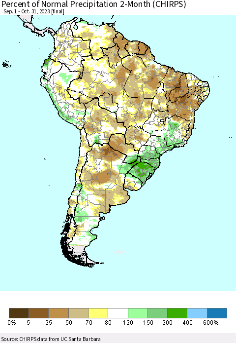South America Percent of Normal Precipitation 2-Month (CHIRPS) Thematic Map For 9/1/2023 - 10/31/2023