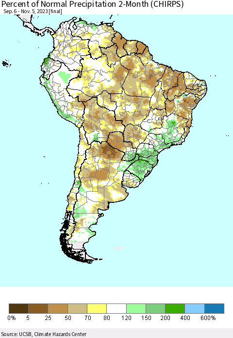 South America Percent of Normal Precipitation 2-Month (CHIRPS) Thematic Map For 9/6/2023 - 11/5/2023