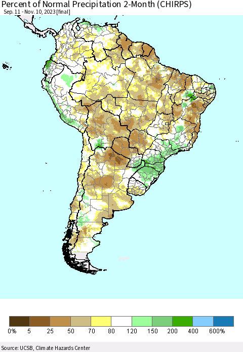 South America Percent of Normal Precipitation 2-Month (CHIRPS) Thematic Map For 9/11/2023 - 11/10/2023
