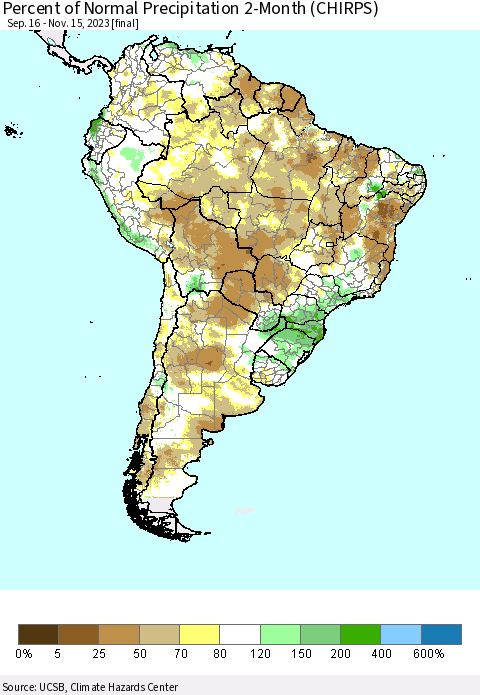 South America Percent of Normal Precipitation 2-Month (CHIRPS) Thematic Map For 9/16/2023 - 11/15/2023
