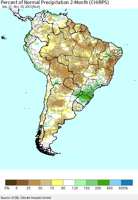 South America Percent of Normal Precipitation 2-Month (CHIRPS) Thematic Map For 9/21/2023 - 11/20/2023