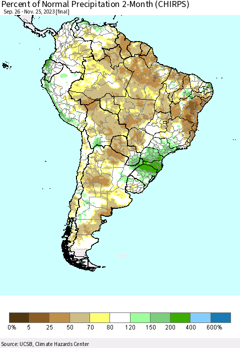 South America Percent of Normal Precipitation 2-Month (CHIRPS) Thematic Map For 9/26/2023 - 11/25/2023