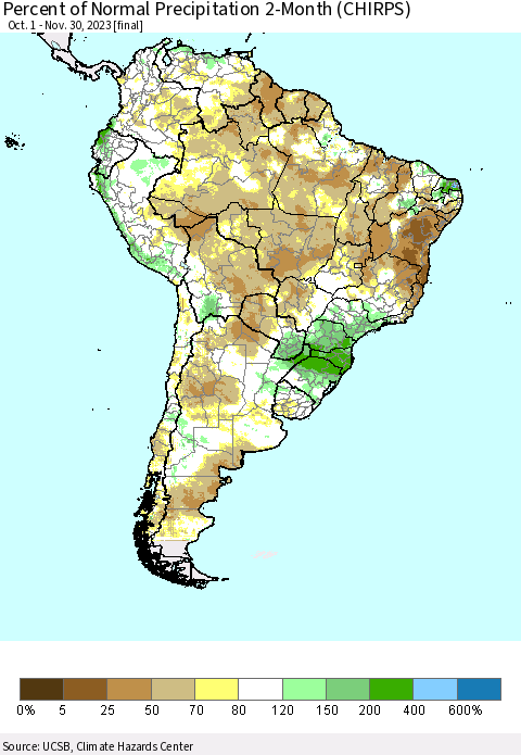 South America Percent of Normal Precipitation 2-Month (CHIRPS) Thematic Map For 10/1/2023 - 11/30/2023