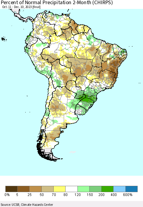 South America Percent of Normal Precipitation 2-Month (CHIRPS) Thematic Map For 10/11/2023 - 12/10/2023
