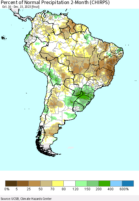 South America Percent of Normal Precipitation 2-Month (CHIRPS) Thematic Map For 10/16/2023 - 12/15/2023