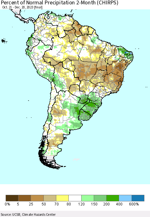 South America Percent of Normal Precipitation 2-Month (CHIRPS) Thematic Map For 10/21/2023 - 12/20/2023