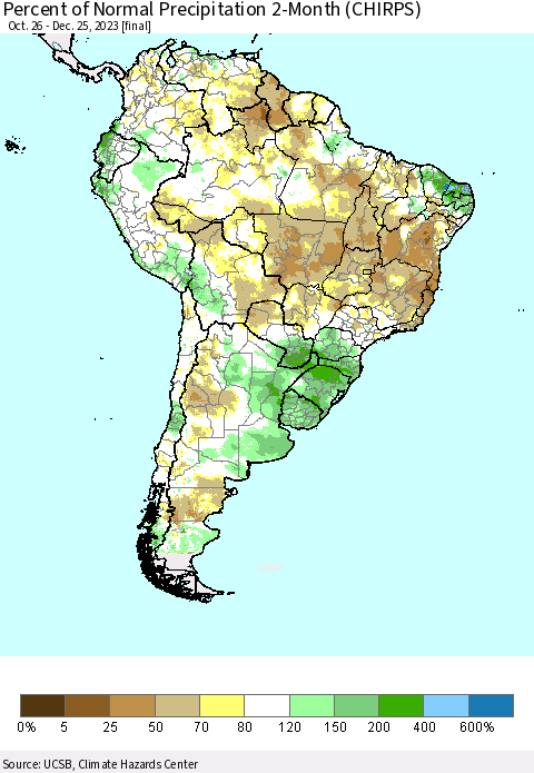 South America Percent of Normal Precipitation 2-Month (CHIRPS) Thematic Map For 10/26/2023 - 12/25/2023