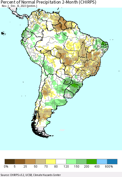 South America Percent of Normal Precipitation 2-Month (CHIRPS) Thematic Map For 11/1/2023 - 12/31/2023