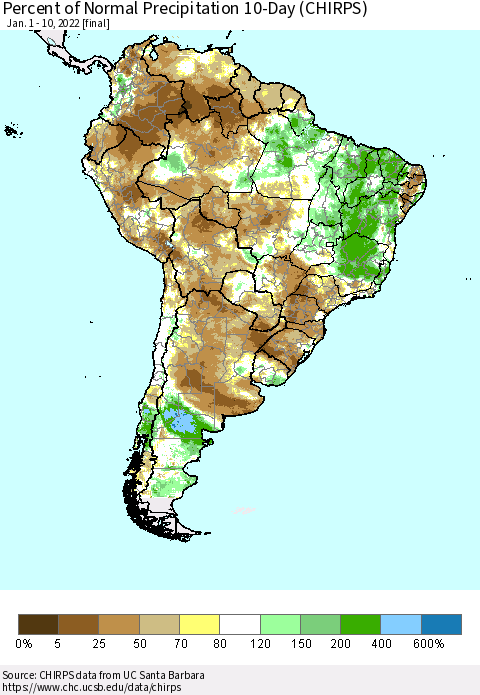 South America Percent of Normal Precipitation 10-Day (CHIRPS) Thematic Map For 1/1/2022 - 1/10/2022