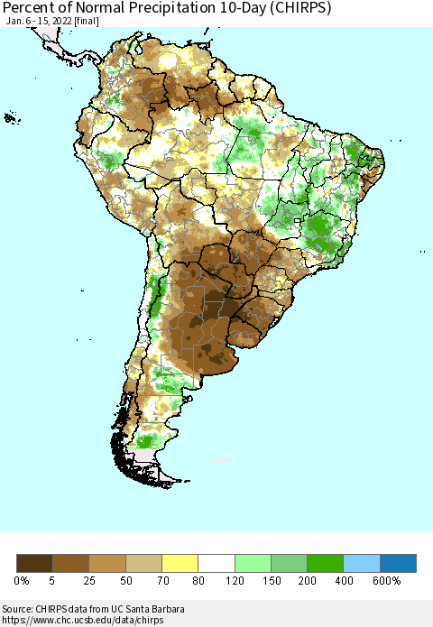 South America Percent of Normal Precipitation 10-Day (CHIRPS) Thematic Map For 1/6/2022 - 1/15/2022