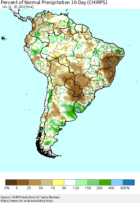 South America Percent of Normal Precipitation 10-Day (CHIRPS) Thematic Map For 1/11/2022 - 1/20/2022