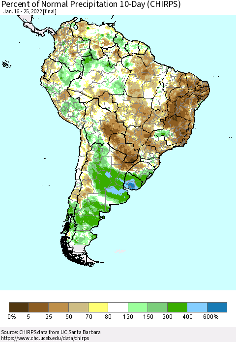 South America Percent of Normal Precipitation 10-Day (CHIRPS) Thematic Map For 1/16/2022 - 1/25/2022