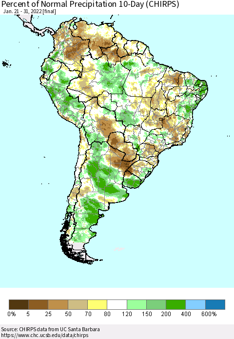 South America Percent of Normal Precipitation 10-Day (CHIRPS) Thematic Map For 1/21/2022 - 1/31/2022