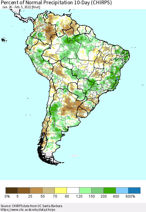 South America Percent of Normal Precipitation 10-Day (CHIRPS) Thematic Map For 1/26/2022 - 2/5/2022