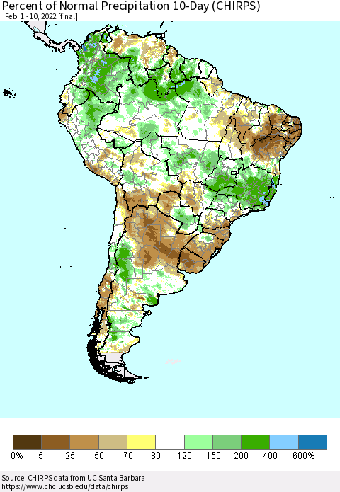 South America Percent of Normal Precipitation 10-Day (CHIRPS) Thematic Map For 2/1/2022 - 2/10/2022