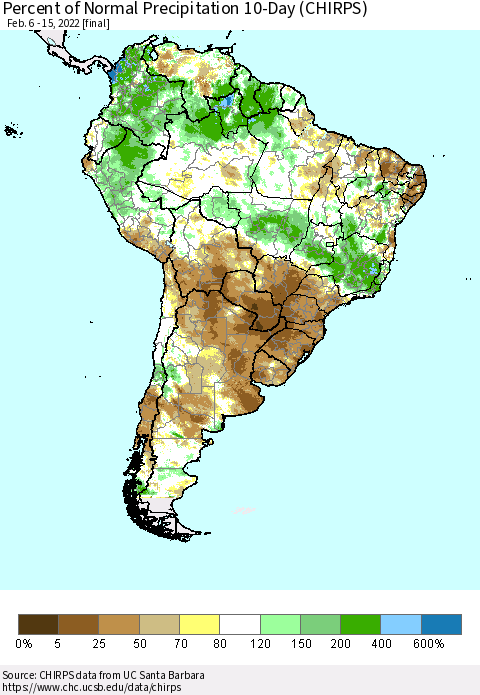 South America Percent of Normal Precipitation 10-Day (CHIRPS) Thematic Map For 2/6/2022 - 2/15/2022