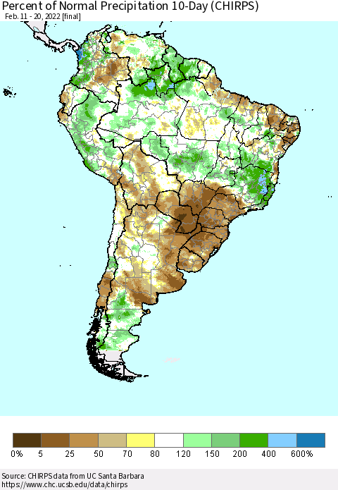 South America Percent of Normal Precipitation 10-Day (CHIRPS) Thematic Map For 2/11/2022 - 2/20/2022