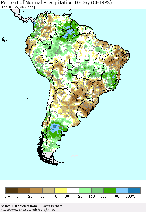 South America Percent of Normal Precipitation 10-Day (CHIRPS) Thematic Map For 2/16/2022 - 2/25/2022