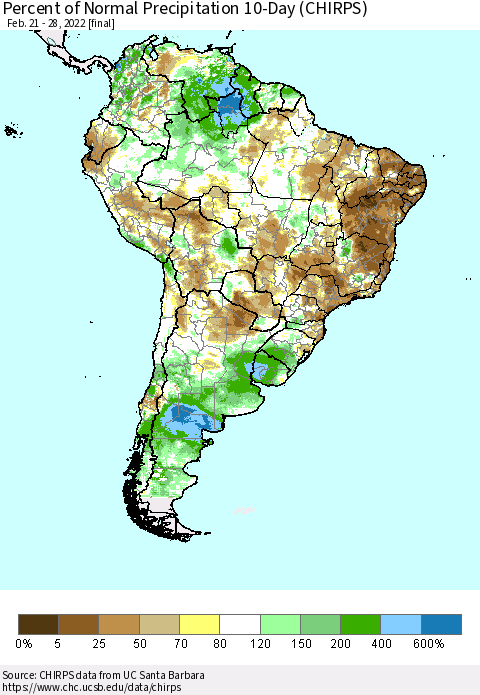 South America Percent of Normal Precipitation 10-Day (CHIRPS) Thematic Map For 2/21/2022 - 2/28/2022
