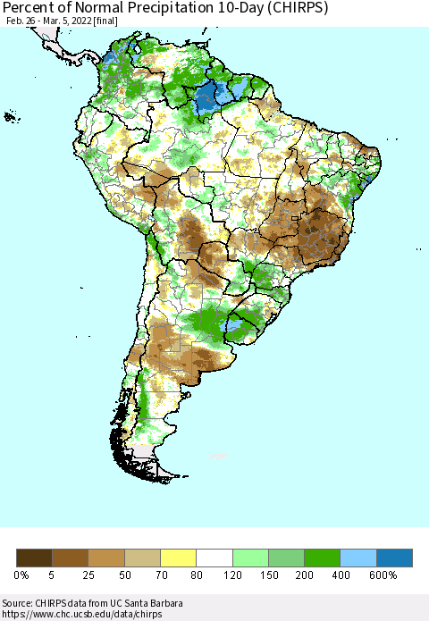 South America Percent of Normal Precipitation 10-Day (CHIRPS) Thematic Map For 2/26/2022 - 3/5/2022