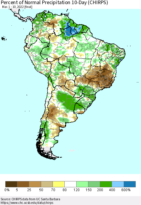 South America Percent of Normal Precipitation 10-Day (CHIRPS) Thematic Map For 3/1/2022 - 3/10/2022
