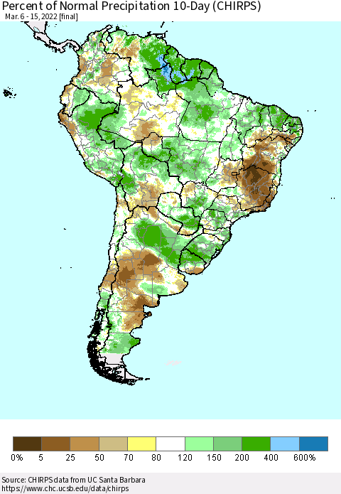 South America Percent of Normal Precipitation 10-Day (CHIRPS) Thematic Map For 3/6/2022 - 3/15/2022