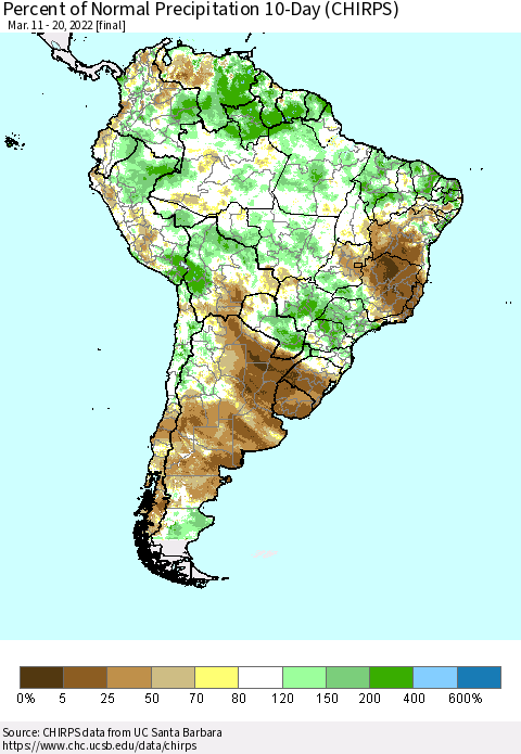 South America Percent of Normal Precipitation 10-Day (CHIRPS) Thematic Map For 3/11/2022 - 3/20/2022