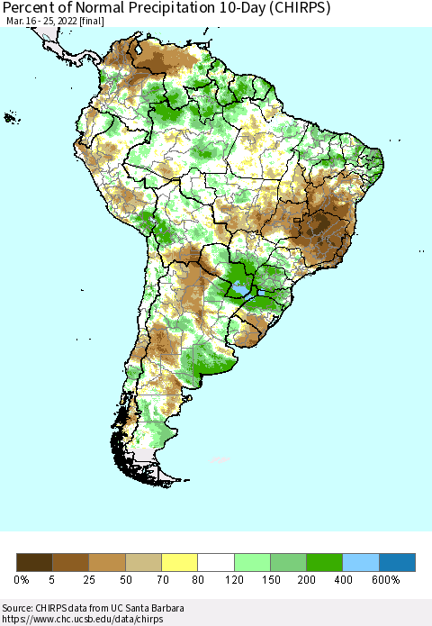 South America Percent of Normal Precipitation 10-Day (CHIRPS) Thematic Map For 3/16/2022 - 3/25/2022