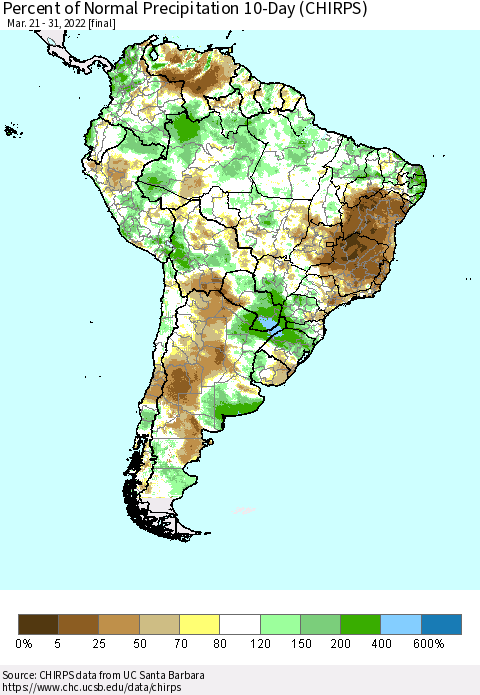 South America Percent of Normal Precipitation 10-Day (CHIRPS) Thematic Map For 3/21/2022 - 3/31/2022