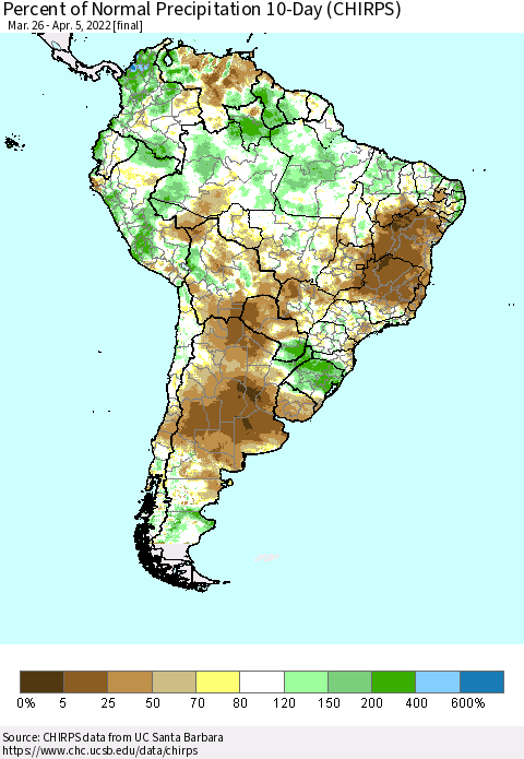 South America Percent of Normal Precipitation 10-Day (CHIRPS) Thematic Map For 3/26/2022 - 4/5/2022