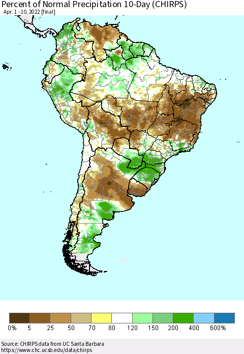 South America Percent of Normal Precipitation 10-Day (CHIRPS) Thematic Map For 4/1/2022 - 4/10/2022
