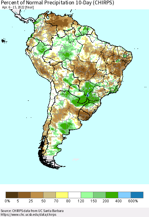 South America Percent of Normal Precipitation 10-Day (CHIRPS) Thematic Map For 4/6/2022 - 4/15/2022