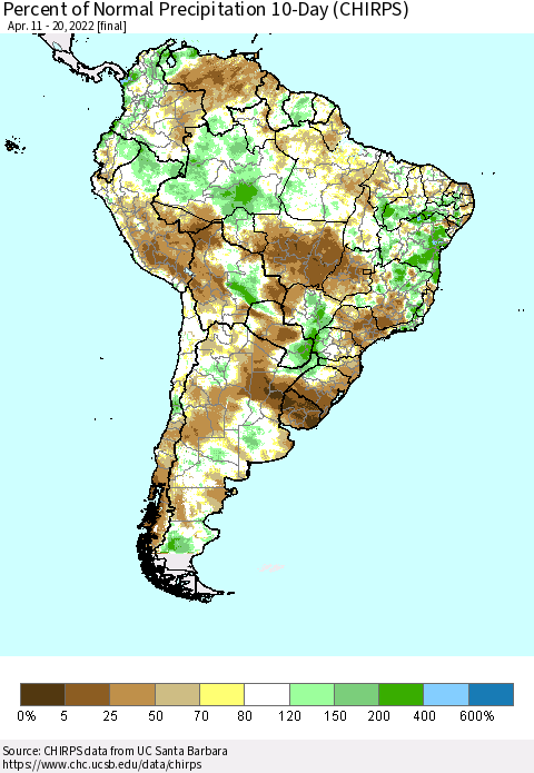 South America Percent of Normal Precipitation 10-Day (CHIRPS) Thematic Map For 4/11/2022 - 4/20/2022