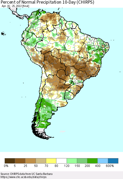 South America Percent of Normal Precipitation 10-Day (CHIRPS) Thematic Map For 4/16/2022 - 4/25/2022