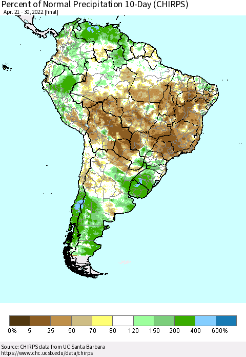 South America Percent of Normal Precipitation 10-Day (CHIRPS) Thematic Map For 4/21/2022 - 4/30/2022