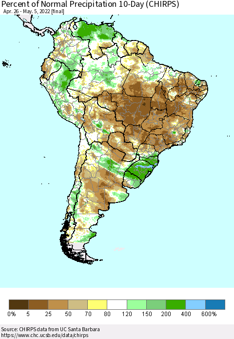 South America Percent of Normal Precipitation 10-Day (CHIRPS) Thematic Map For 4/26/2022 - 5/5/2022