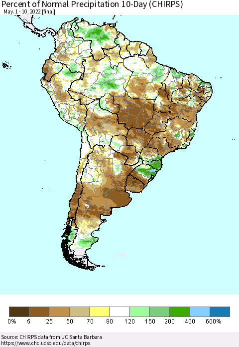 South America Percent of Normal Precipitation 10-Day (CHIRPS) Thematic Map For 5/1/2022 - 5/10/2022