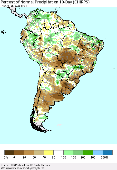 South America Percent of Normal Precipitation 10-Day (CHIRPS) Thematic Map For 5/6/2022 - 5/15/2022