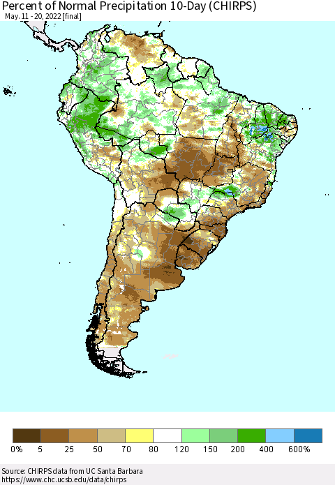 South America Percent of Normal Precipitation 10-Day (CHIRPS) Thematic Map For 5/11/2022 - 5/20/2022