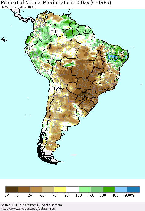 South America Percent of Normal Precipitation 10-Day (CHIRPS) Thematic Map For 5/16/2022 - 5/25/2022