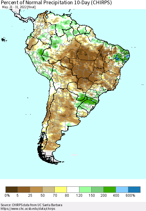 South America Percent of Normal Precipitation 10-Day (CHIRPS) Thematic Map For 5/21/2022 - 5/31/2022