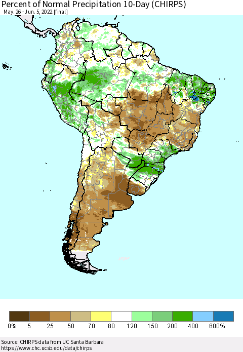 South America Percent of Normal Precipitation 10-Day (CHIRPS) Thematic Map For 5/26/2022 - 6/5/2022